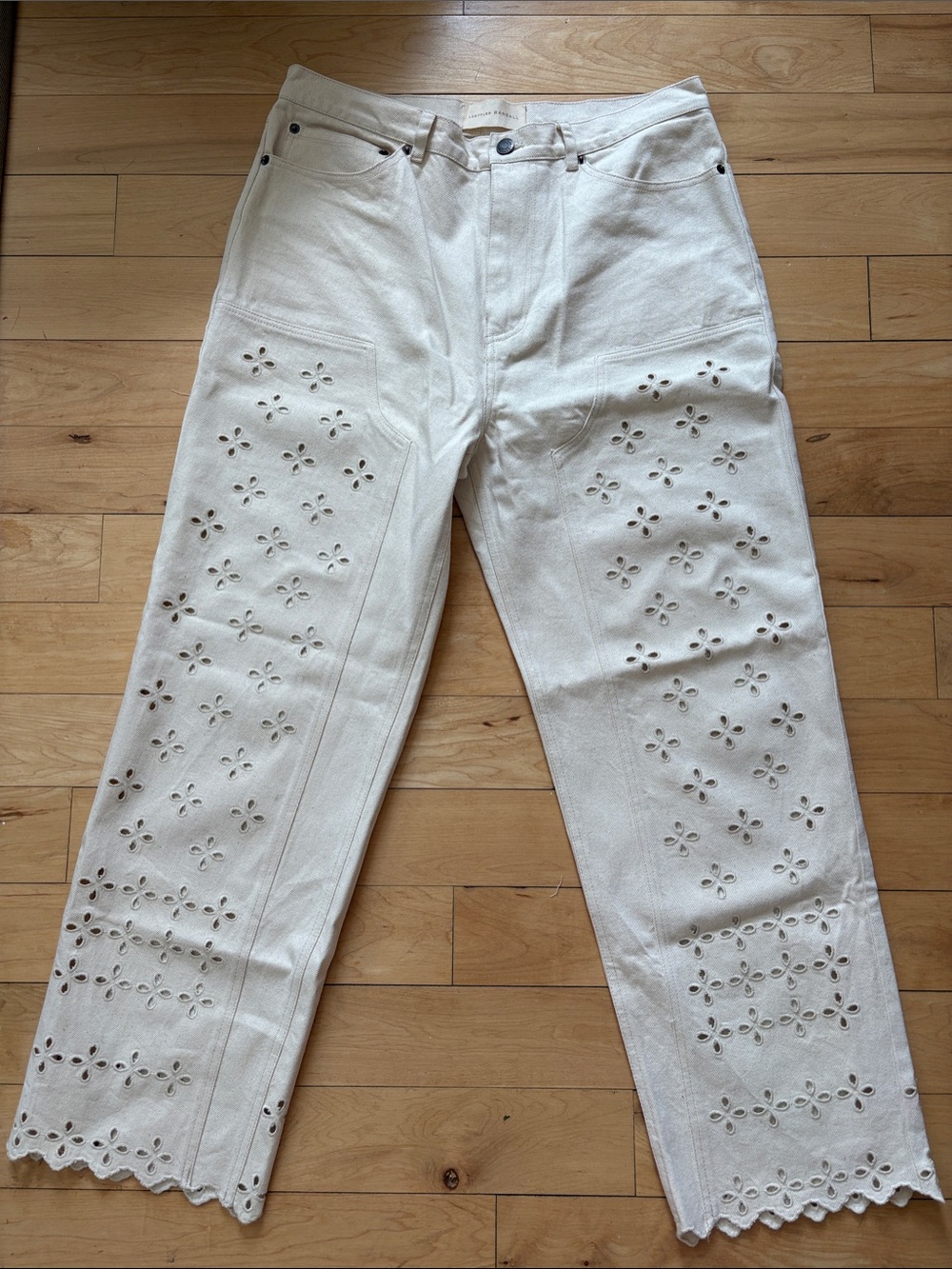 Loeffler Randall Cream Straight Leg Jeans with Eyelet Cutouts